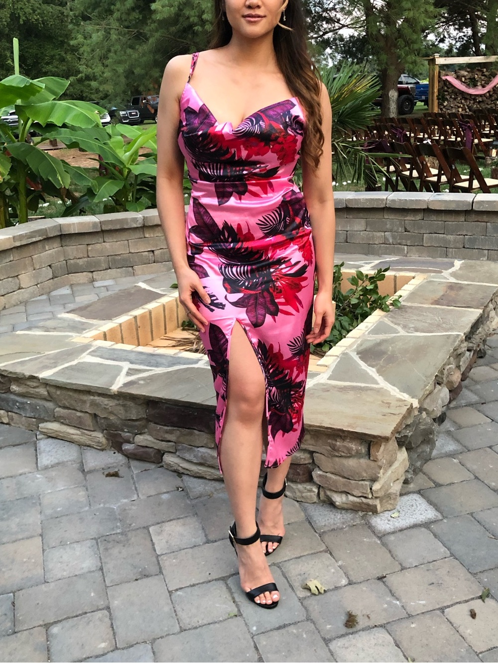 PrettyLittleThing Pink Tropical Midi Satin Dress SMALL US 4
